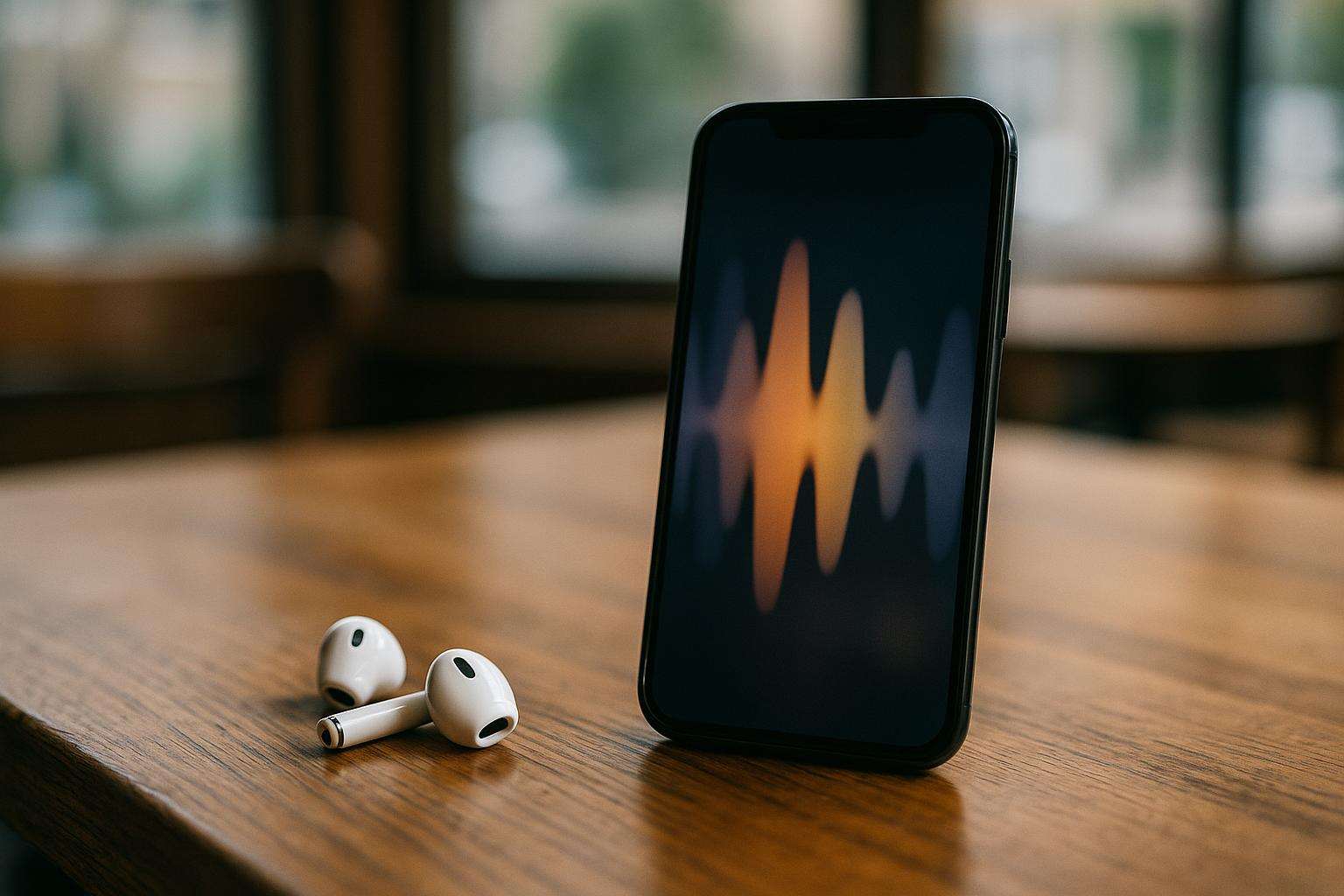A smartphone showing a blurred audio waveform interface resting beside wireless earbuds on a sunlit wooden cafe table