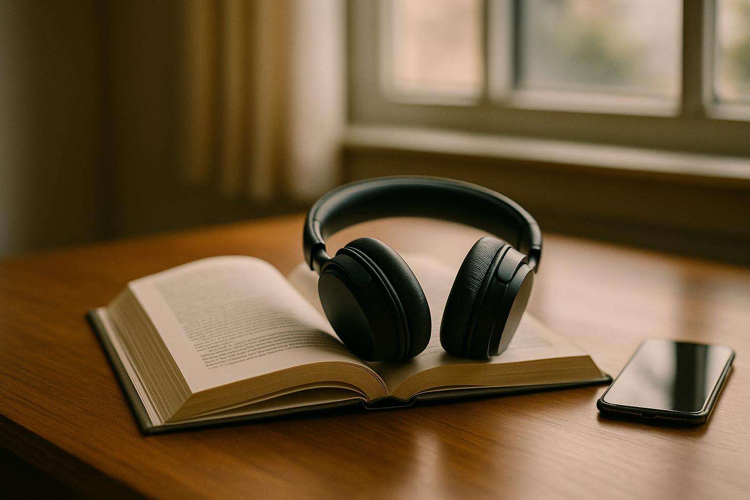 Wireless headphones resting on an open novel beside a smartphone on a sunlit wooden desk