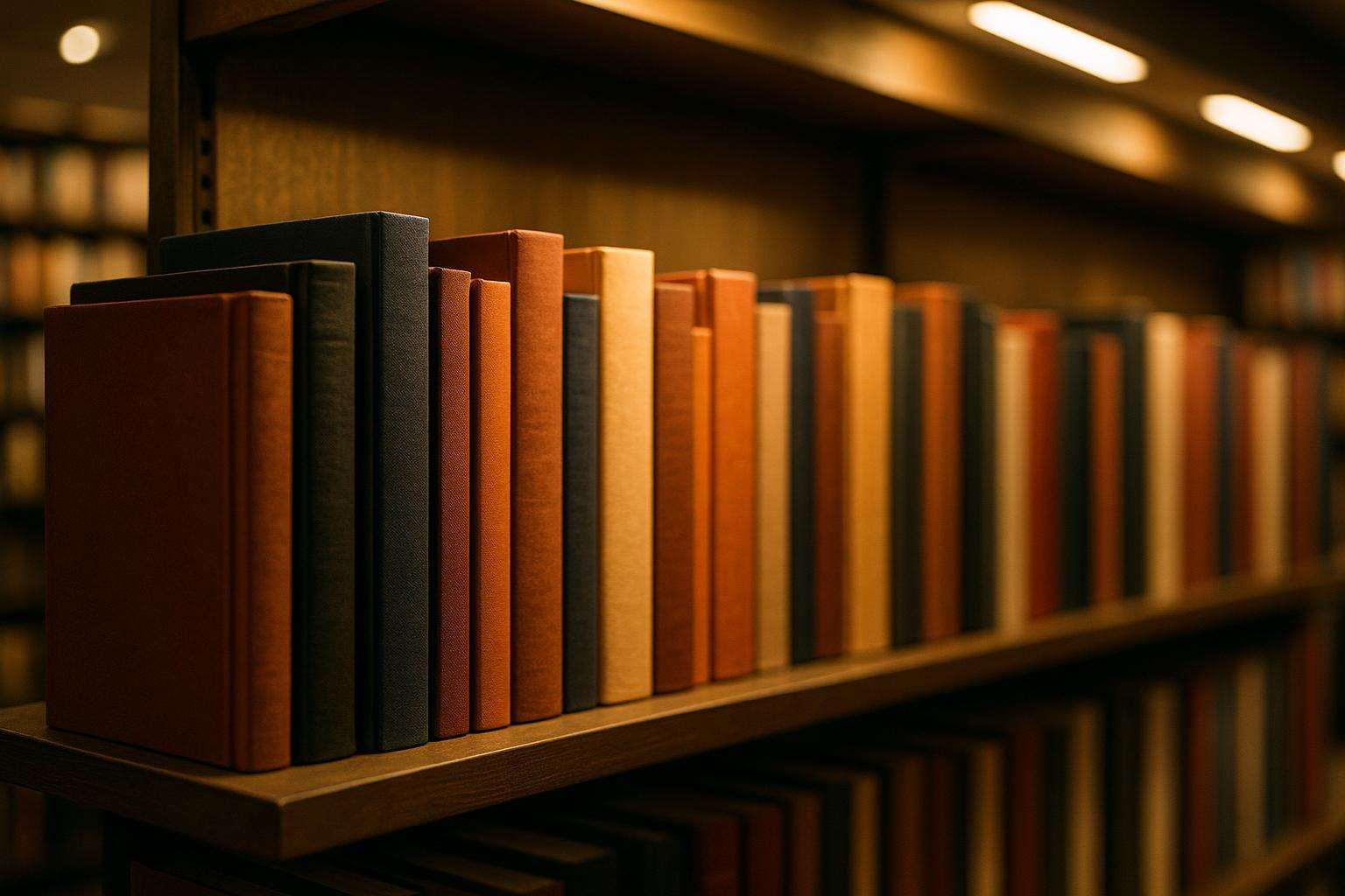 A curated row of hardcover novels standing upright on a bookstore shelf under warm gallery lighting