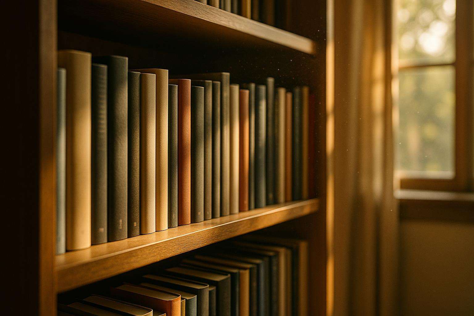 A tidy home library shelf packed with contemporary hardcover fiction, warm window light, no people or text visible