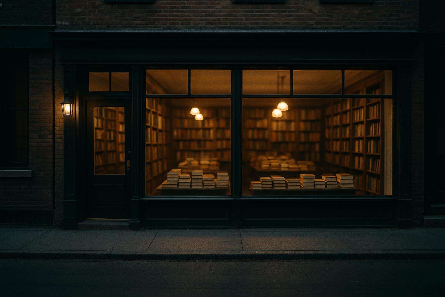 A small independent bookstore storefront glowing with warm light through its windows at dusk