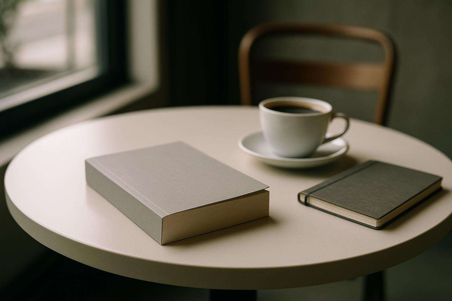 A paperback novel resting on a minimalist wooden cafe table beside a cup of coffee and an open notebook, lit by soft window light
